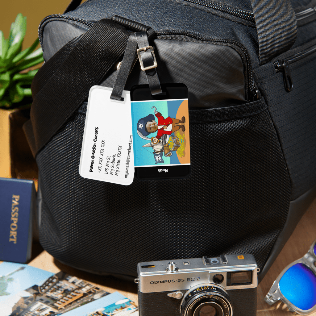 Pirate luggage tag for kids with image showing front and back with contact details.