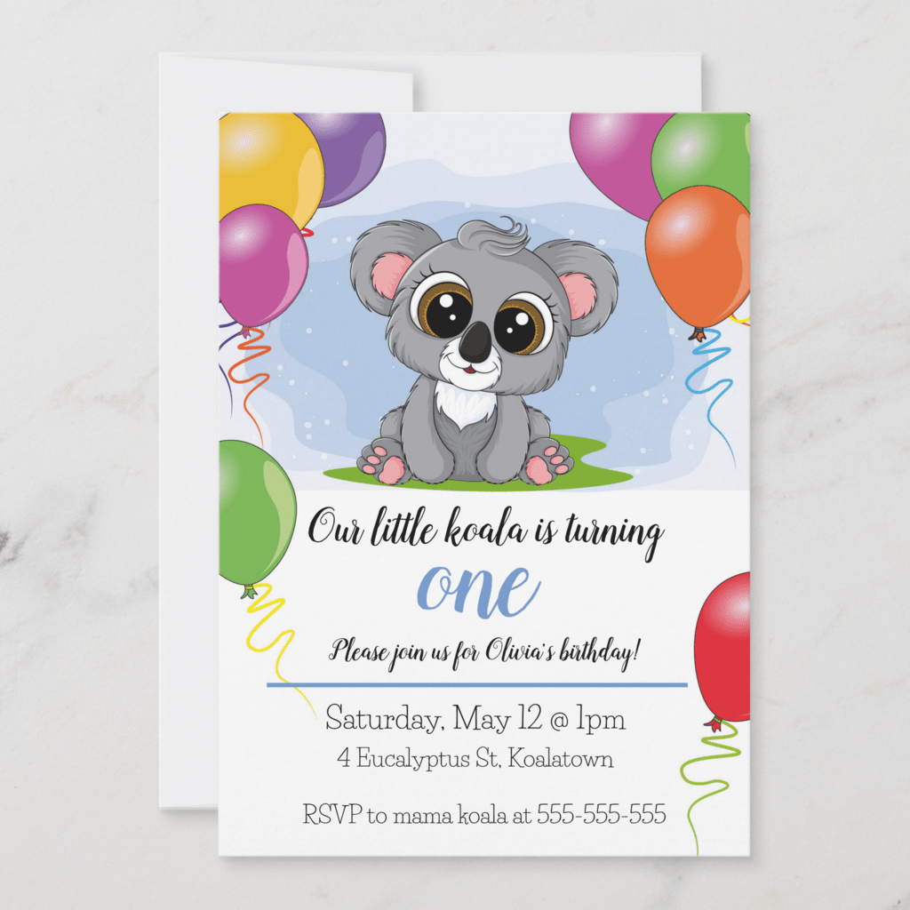 cute koala birthday invitations with a koala and balloons.
