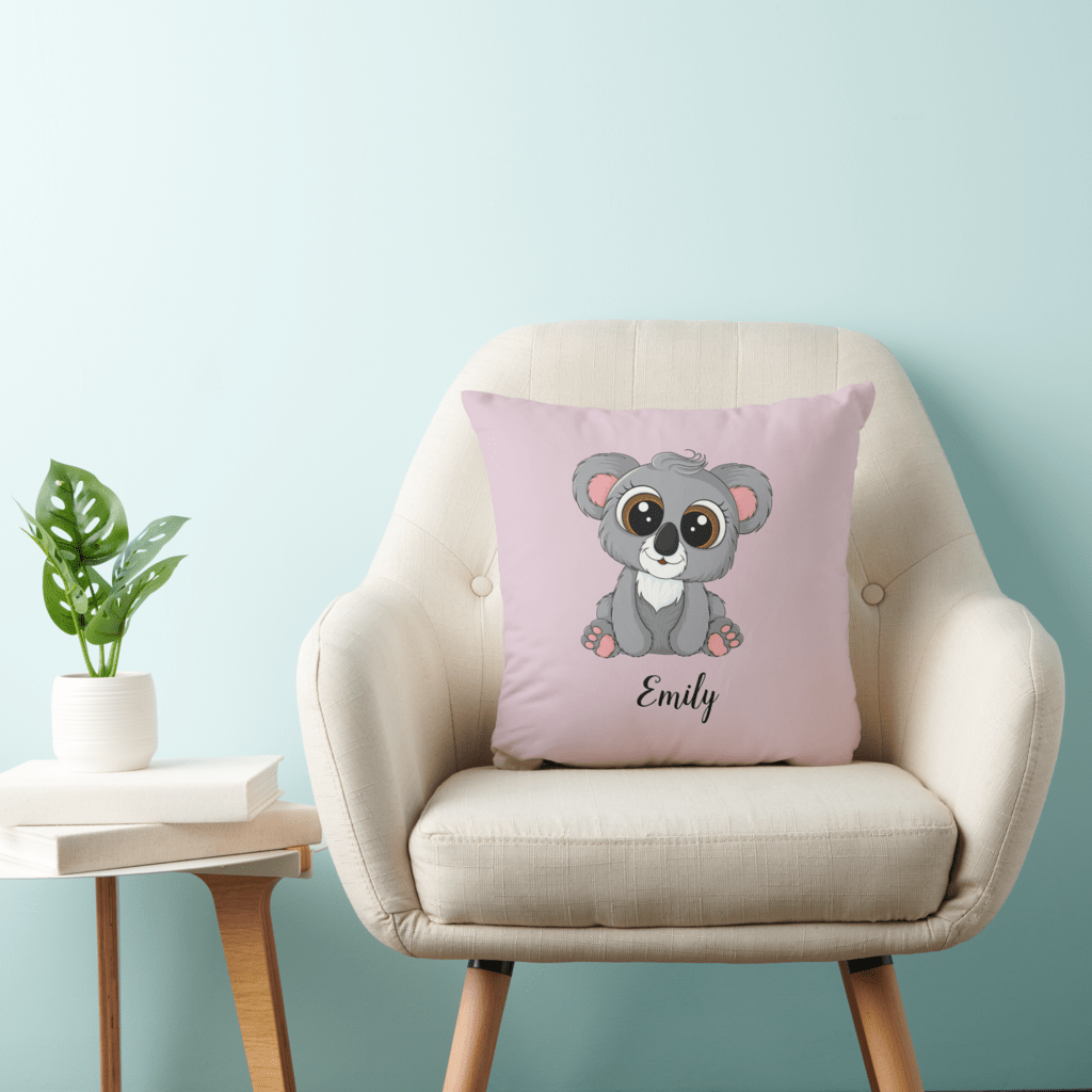 cute pink cushion with a picture of a koala and personalized child's name