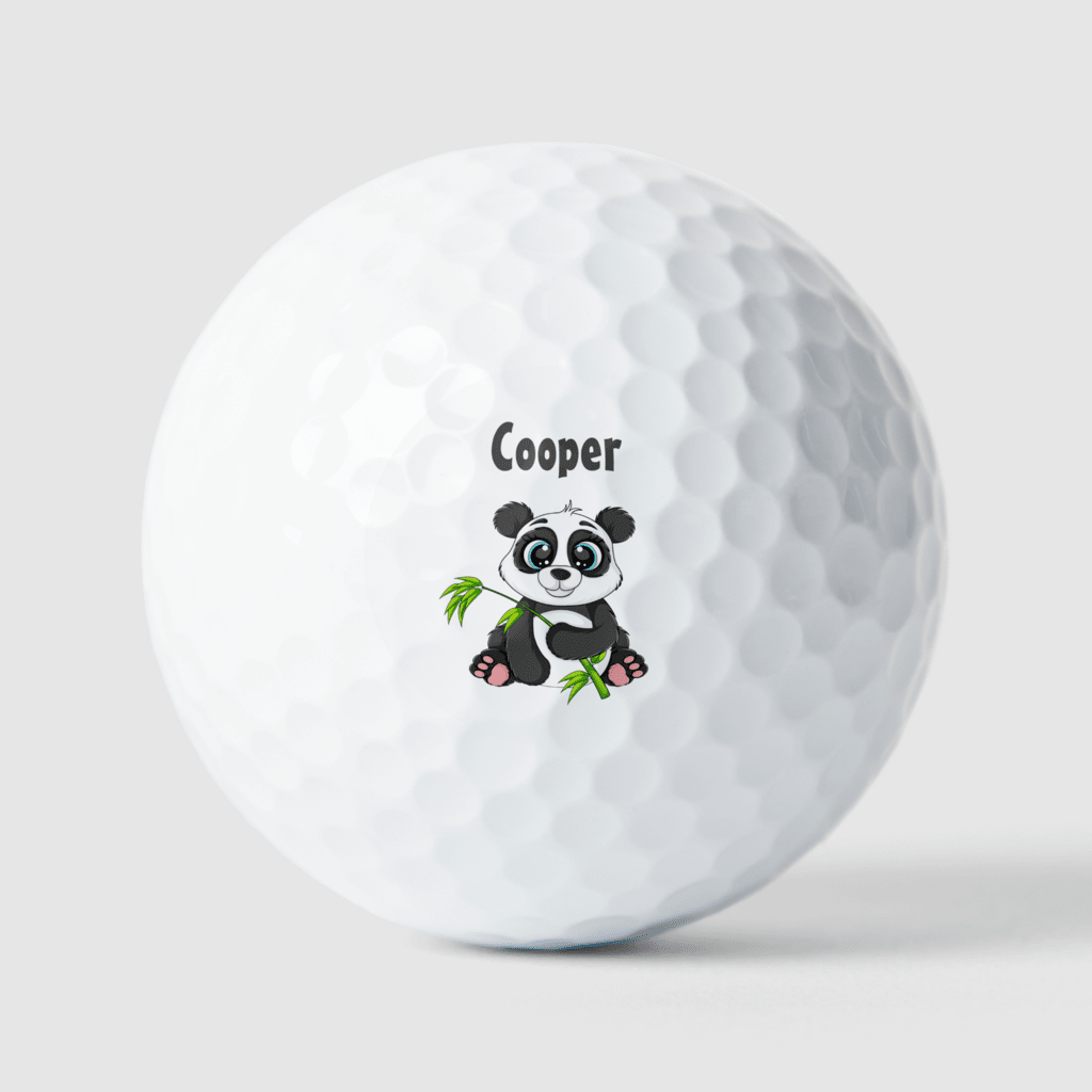 children's golf ball with child's name and cute panda design.