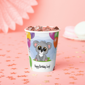 Koala themed birthday cups for your party guests. Image of koala plus balloons and Happy Birthday message.