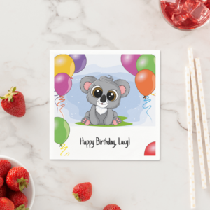 Koala themed birthday napkins for that party. Koala image with balloons and happy birthday message on them.