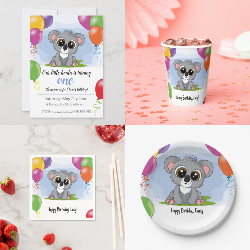 Koala themed birthday party supplies including invitations, cups, plates and napkins