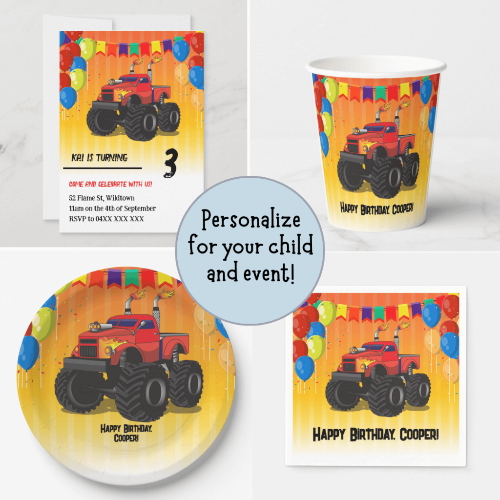 Invitations, plates, cups and napkins for monster truck birthday parties.
