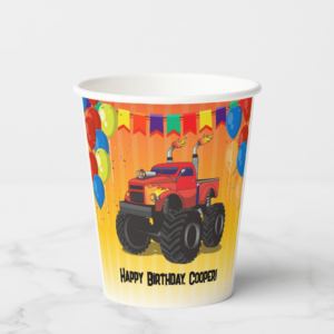 Cups for monster truck birthday parties. Cups have balloons and a monster truck with child's name.