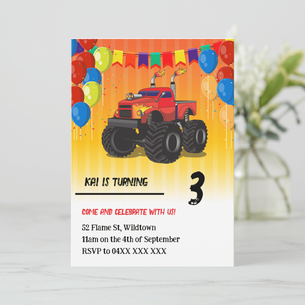 Awesome monster truck birthday party invitations with a flaming monster truck and balloons.