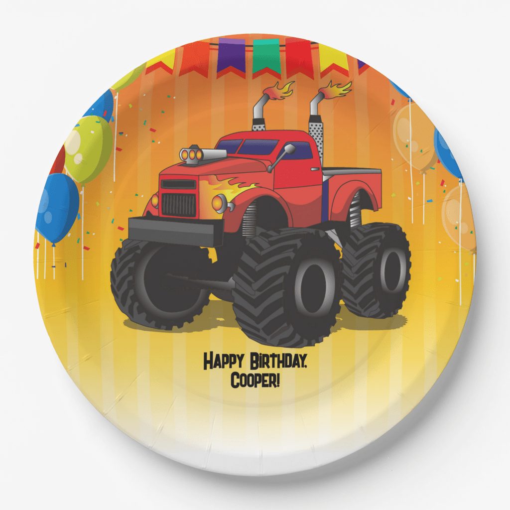 Plates for monster truck birthday parties. Plates have a monster truck with balloons with a happy birthday message.
