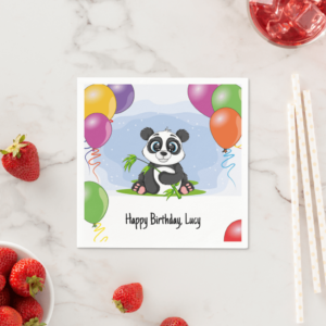 Panda themed birthday napkins with a panda bear and child's name.
