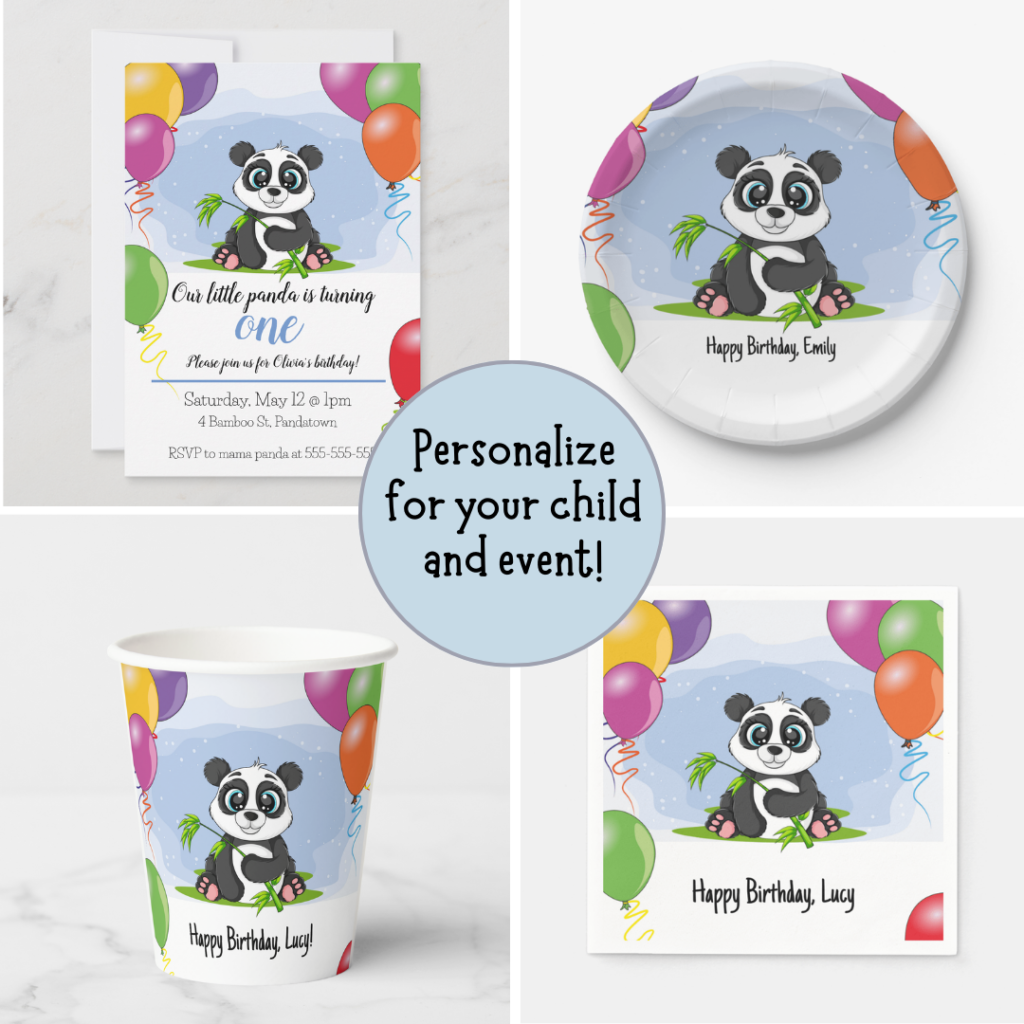 Panda themed birthday party items such as invitations, party cups, plates and napkins
