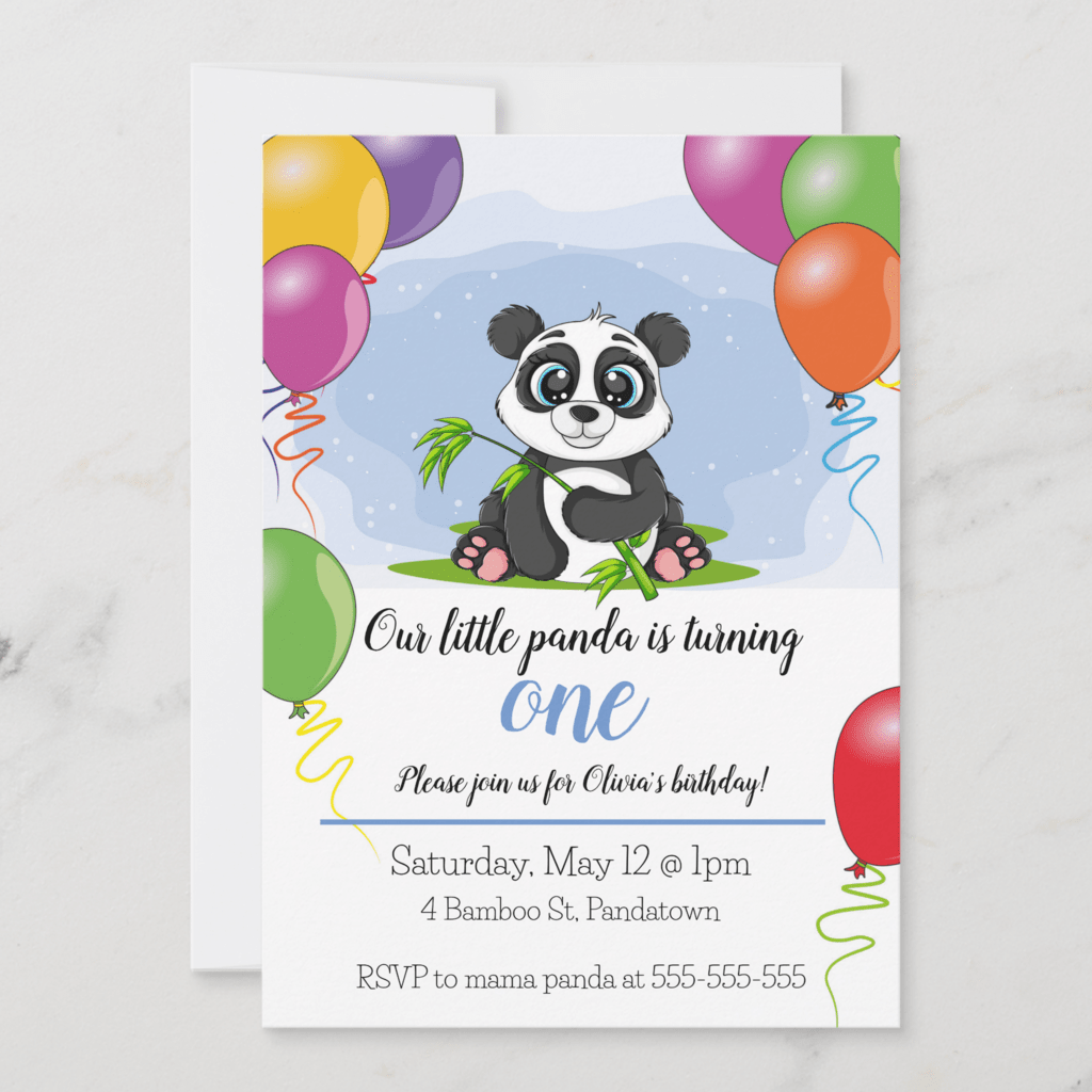 panda themed birthday invitations with a panda and colourful balloons.