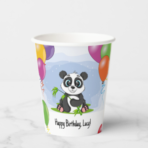Panda themed birthday party paper cups with a cute panda and happy birthday message to birthday boy or girl