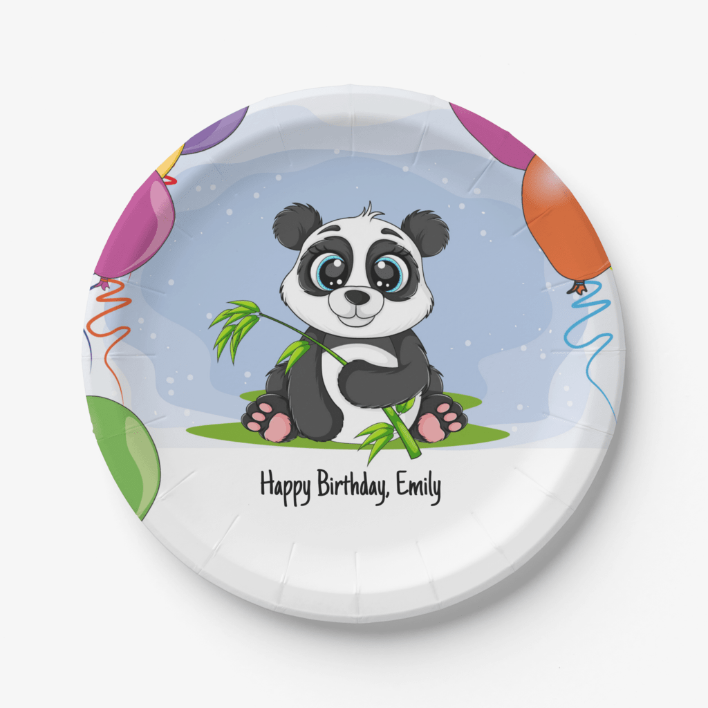 Panda themed birthday party plates with a panda and child's name on them.
