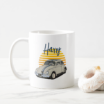 Personalized classic car coffee mug with a customizable name.