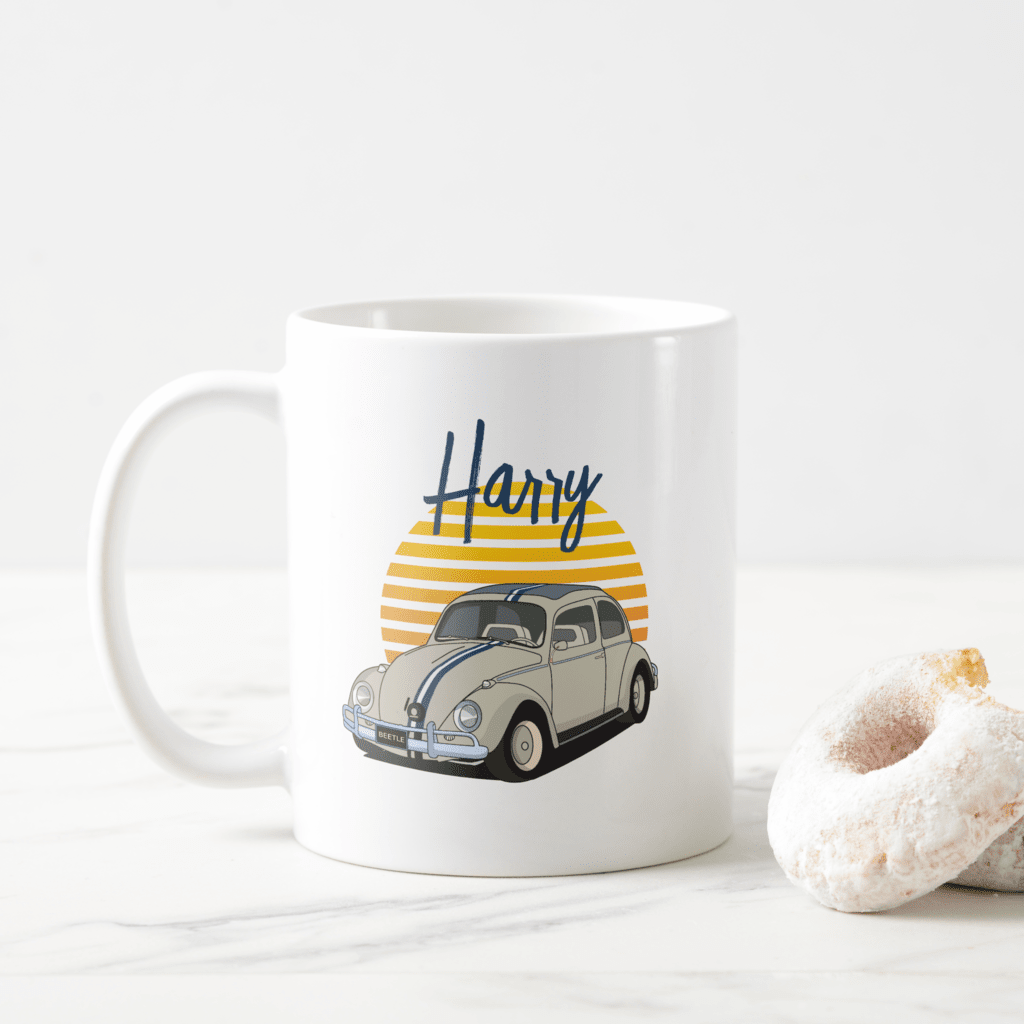 Personalized classic car coffee mug with a customizable name.