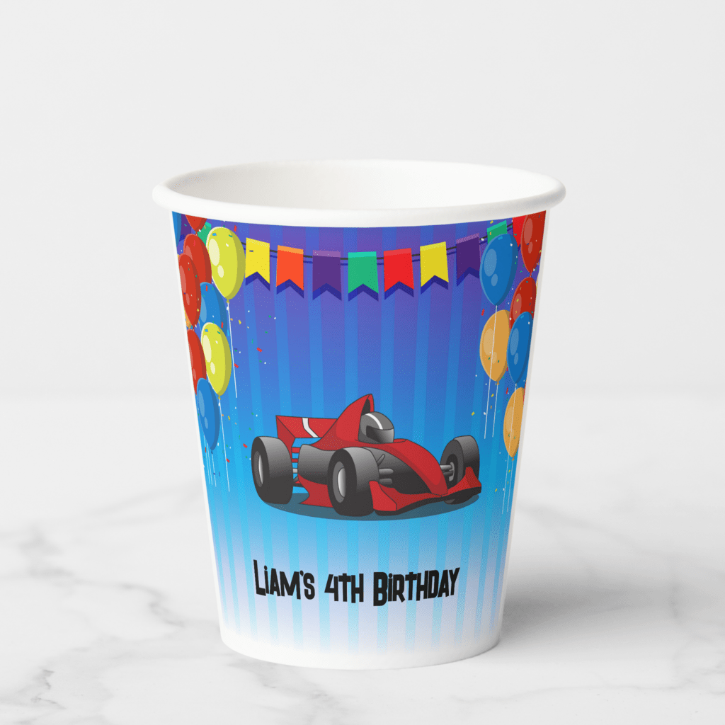 personalized racing car birthday party cups for kids.