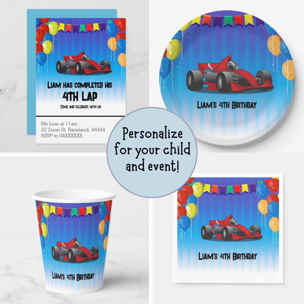 Racing car birthday party tableware such as invitations, cups, plates and napkins