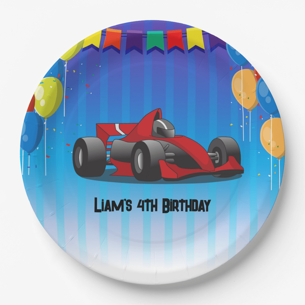 Racing car birthday plates with personalized birthday text.