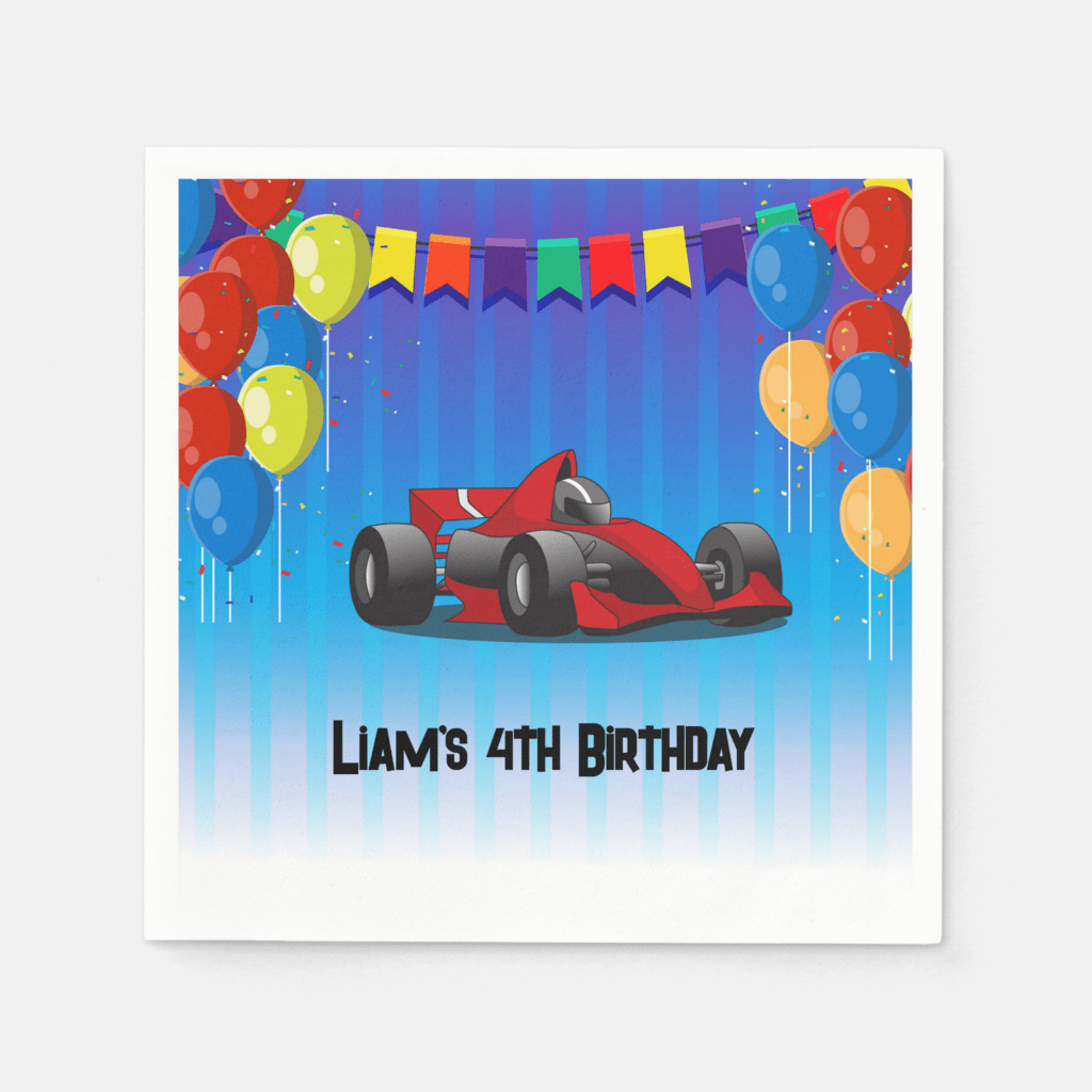 racing car birthday party napkins with a fast car, balloons and a personalized birthday message.