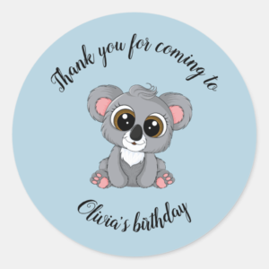 koala thank you for coming to the birthday sticker with a cute koala on it. Personalizable name.