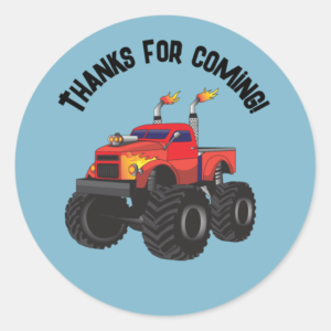 Thanks for coming party bag stickers with a monster truck image.