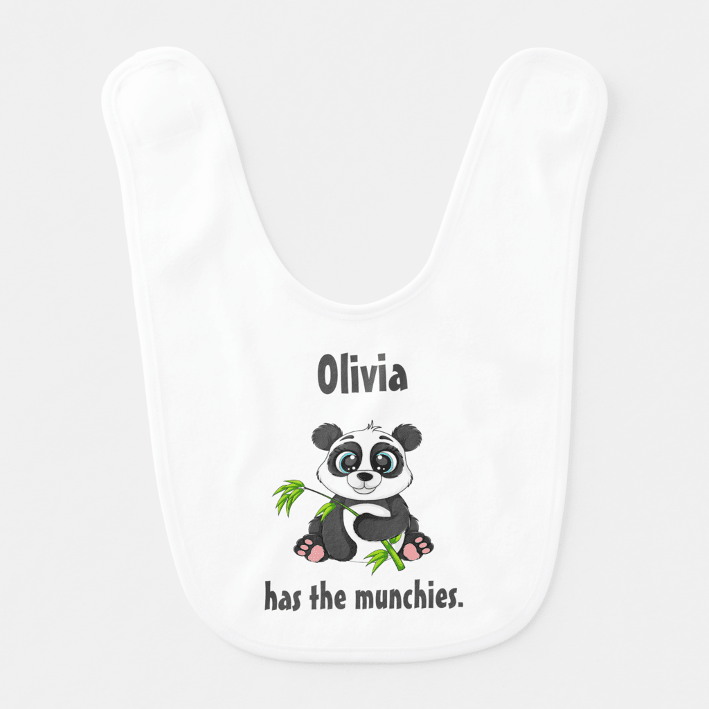 Personalized Baby has the munchies panda bib with Baby's name.
