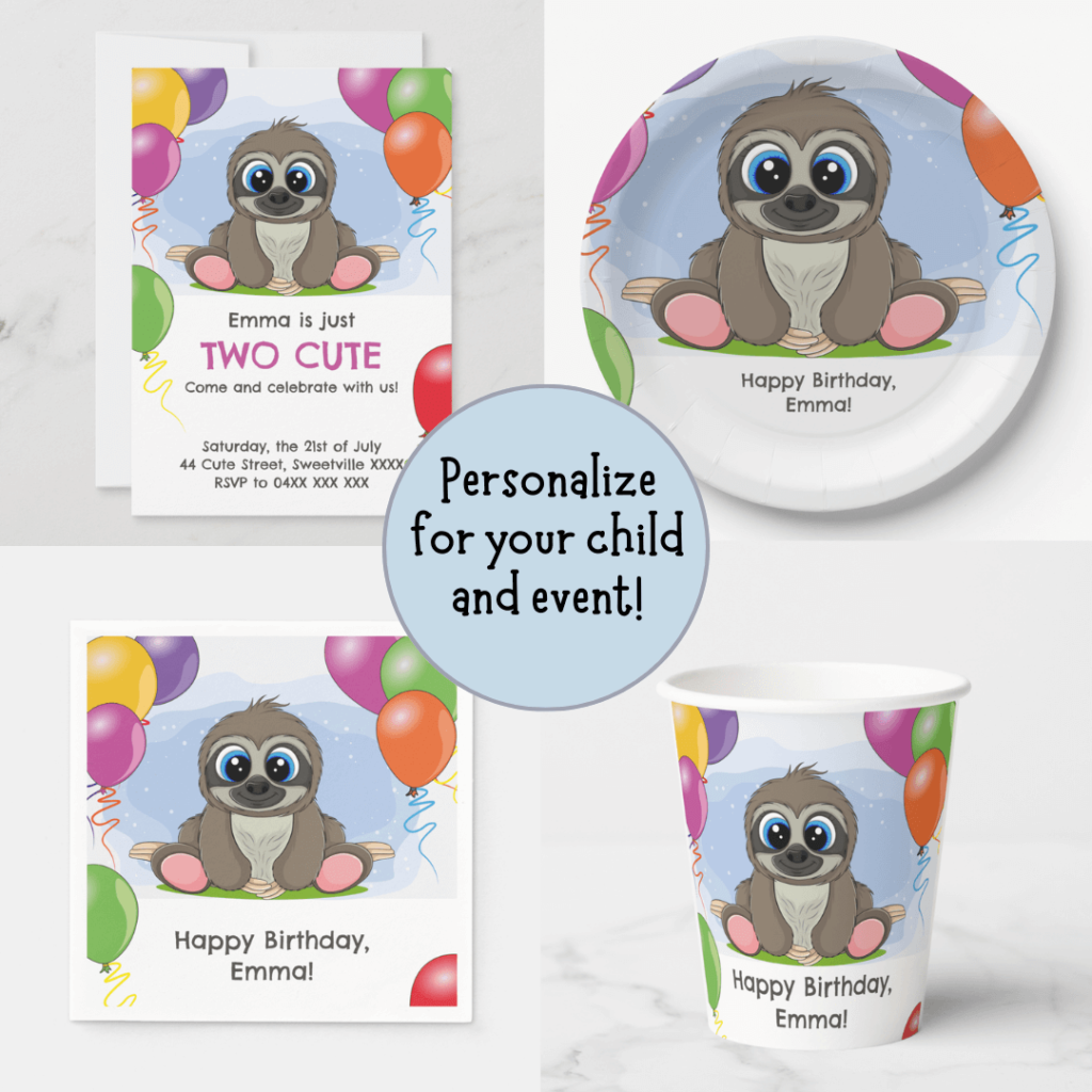 Cute baby sloth birthday party ideas from invitations to cups, plates and napkins