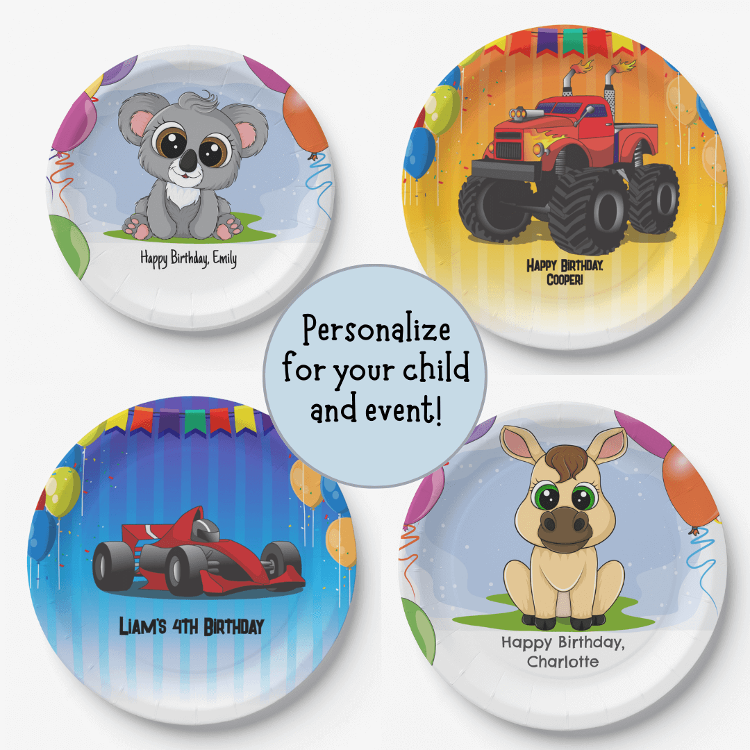 Children's birthday party plates including monster truck, koala, race car and pony designs.