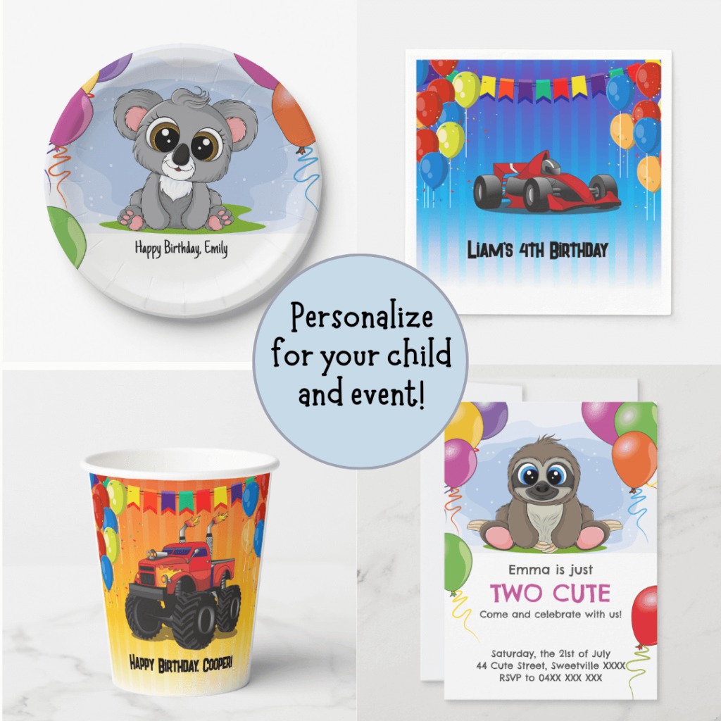 Children's birthday party tableware supplies, from invitations to napkins.