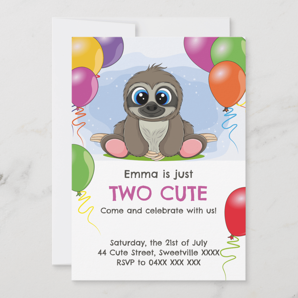 Cute baby sloth 2nd birthday invitations with "Two Cute" title.