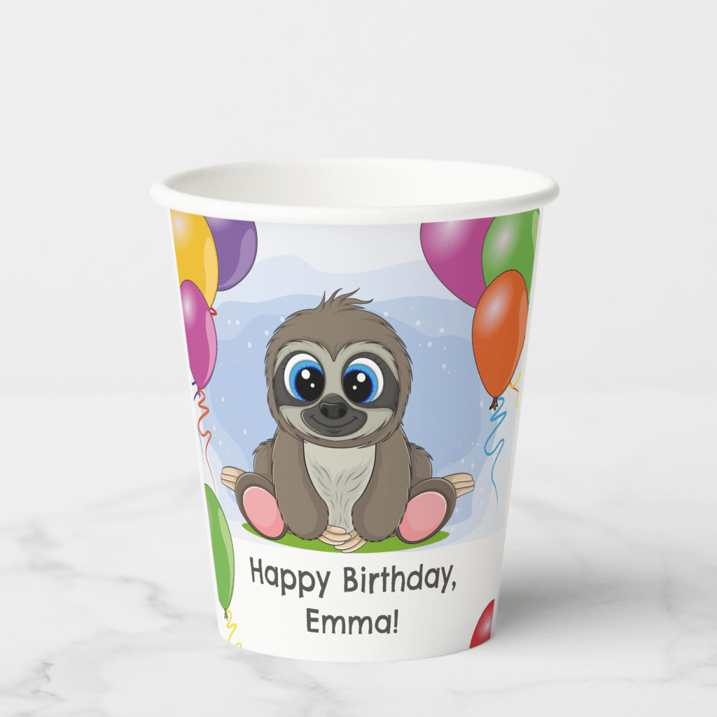 cute baby sloth birthday party cups with personalized message