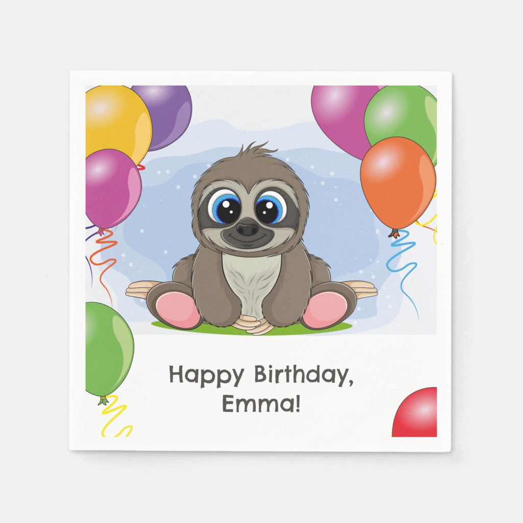 Cute baby sloth napkins with personalized happy birthday message