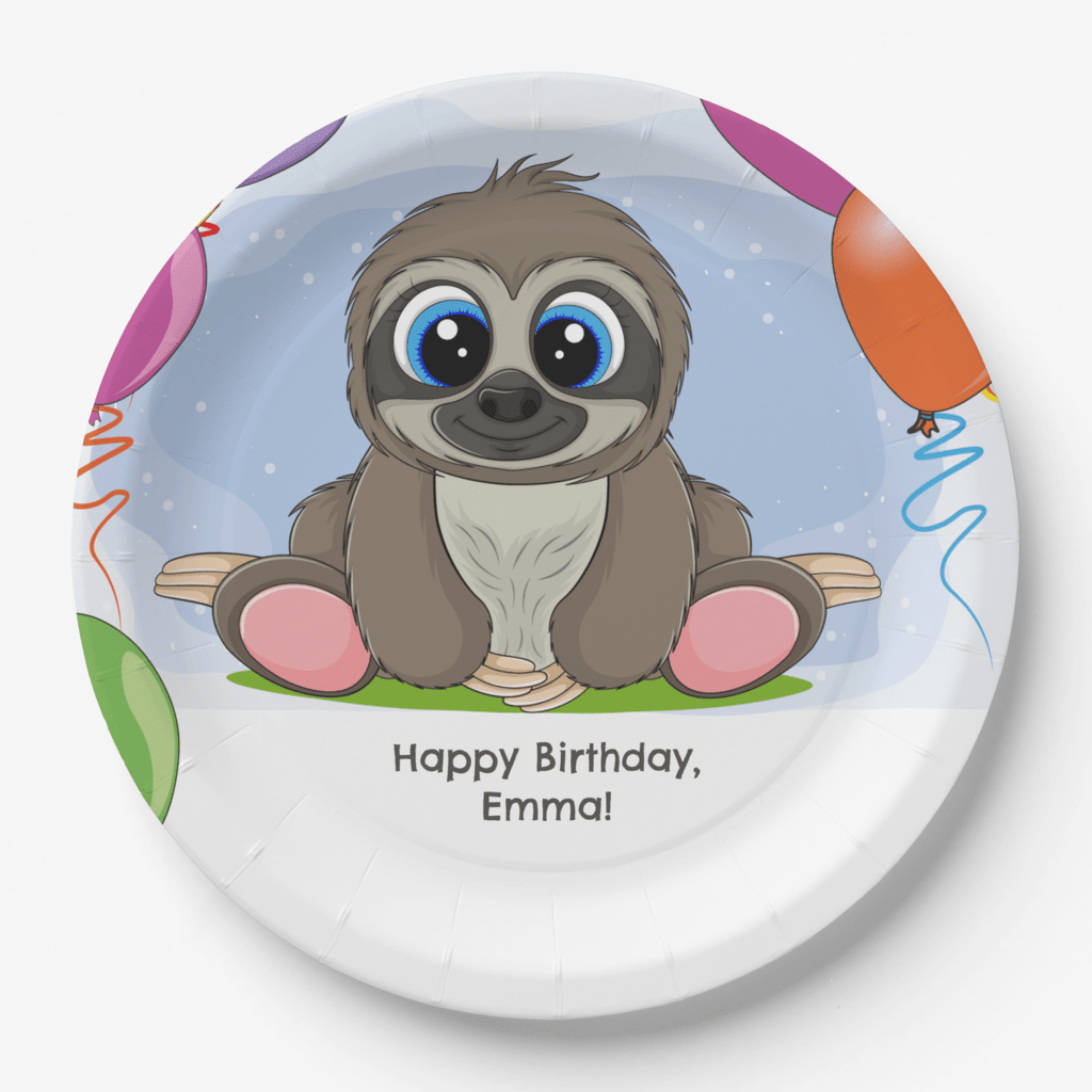 cute baby sloth birthday party plates with personalized message