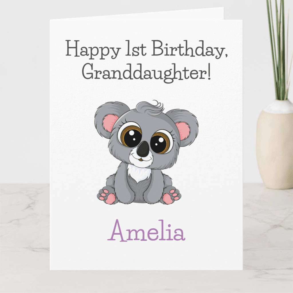 Cute koala birthday card for granddaughter personalized with their name.