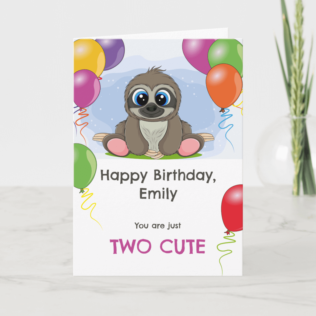 Cute baby sloth 2nd birthday card for children