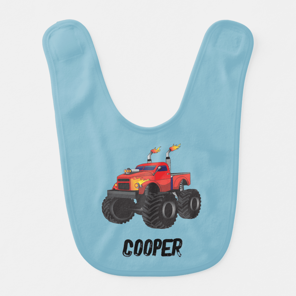 Monster truck baby boy bib with personalized name.