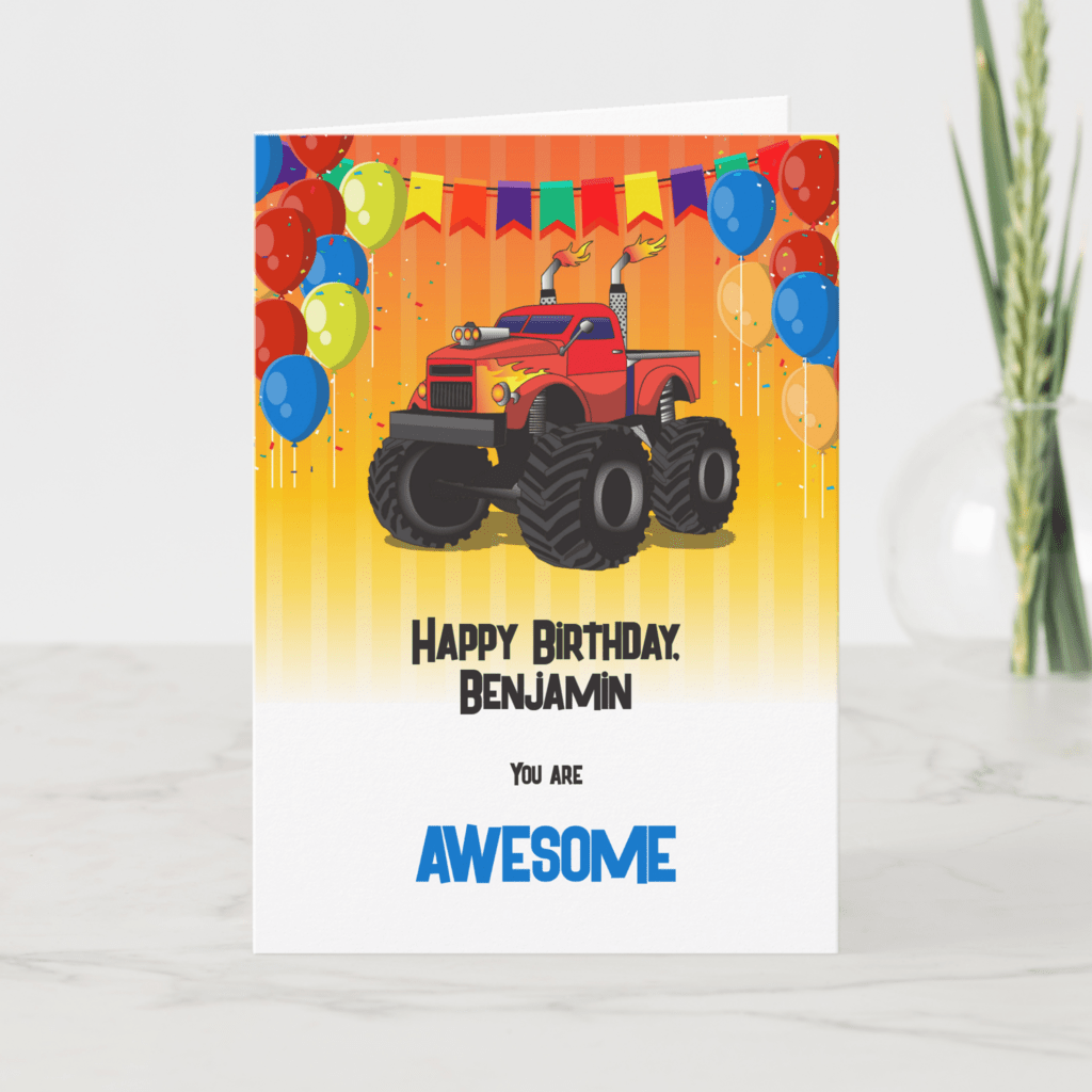 Awesome monster truck birthday card with personalized name