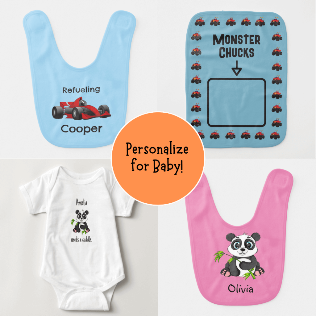 Personalized gifts for baby including burp cloths, bibs and bodysuit clothing.