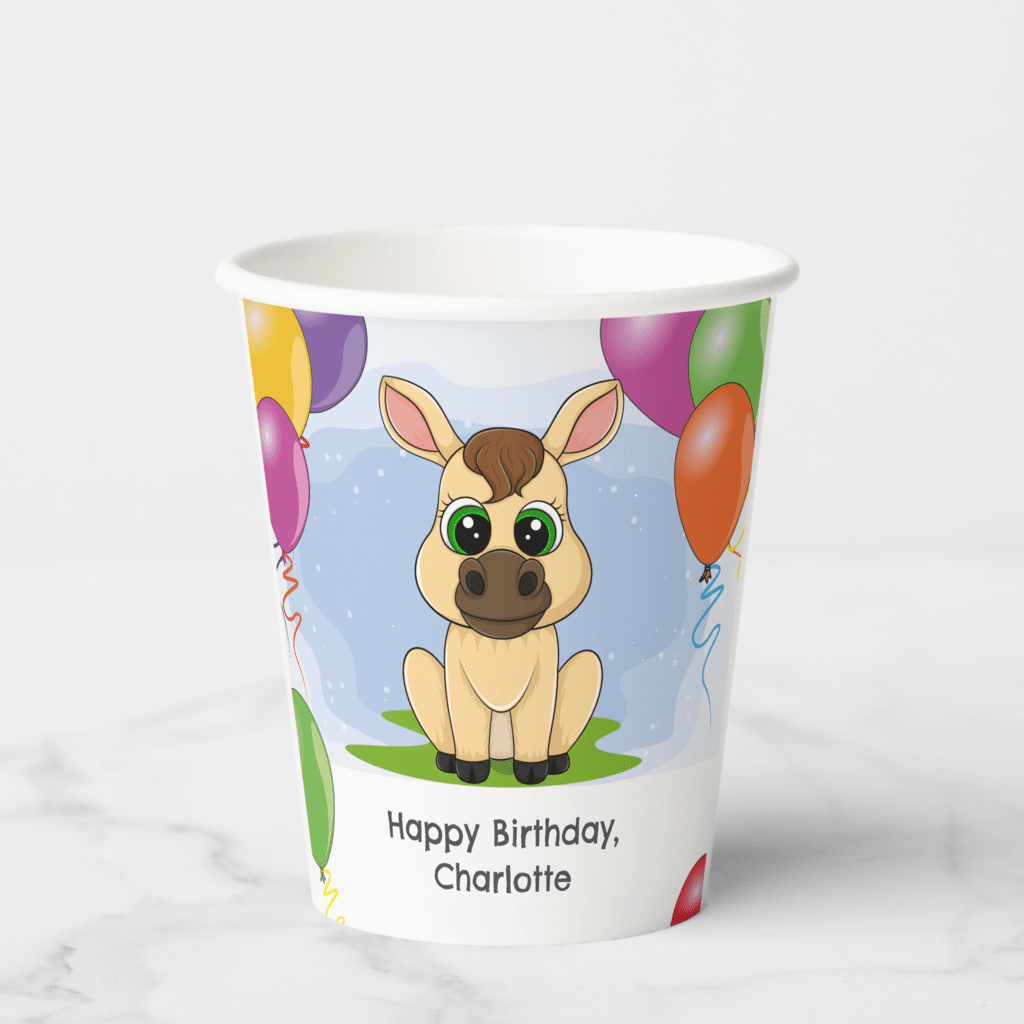 Cute pony birthday party cups with a personalized message.