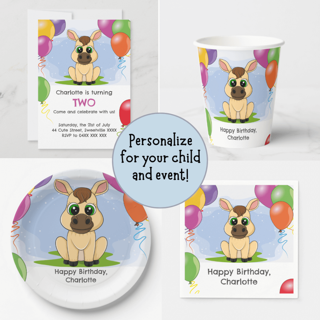 Pony-themed birthday party items such as invitations, plates, cups and napkins.