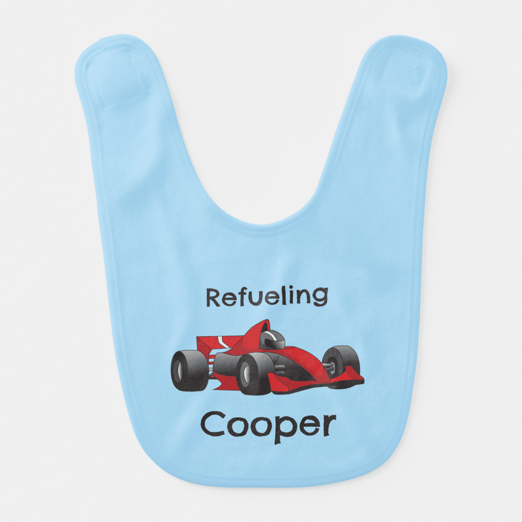 refueling baby race car bib with Baby's name on it.