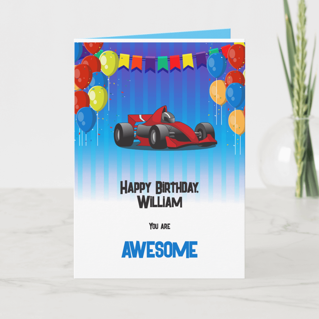 Race car birthday card for boys that is personalized for the birthday boy or girl.