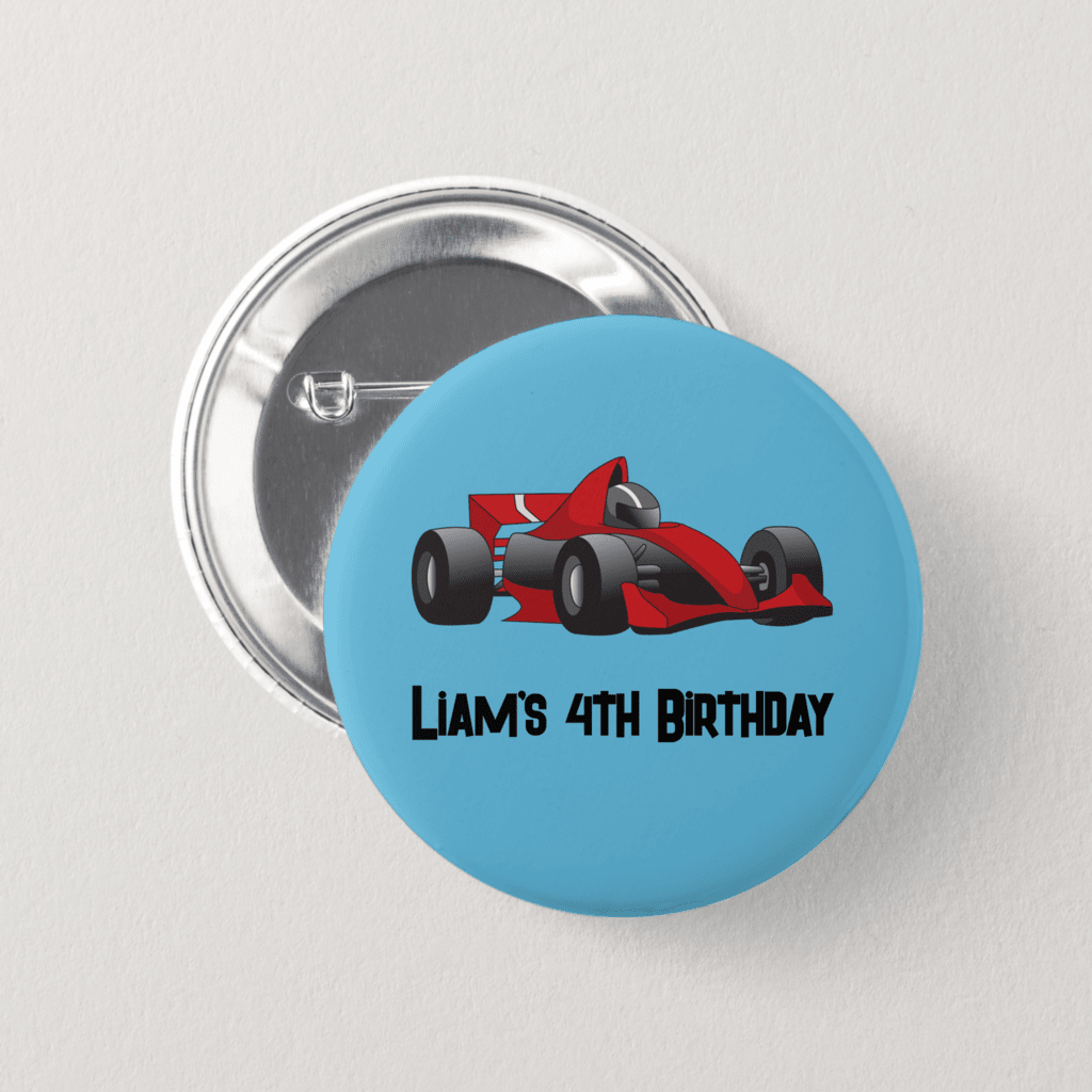 Race car pin button badge with a birthday message.