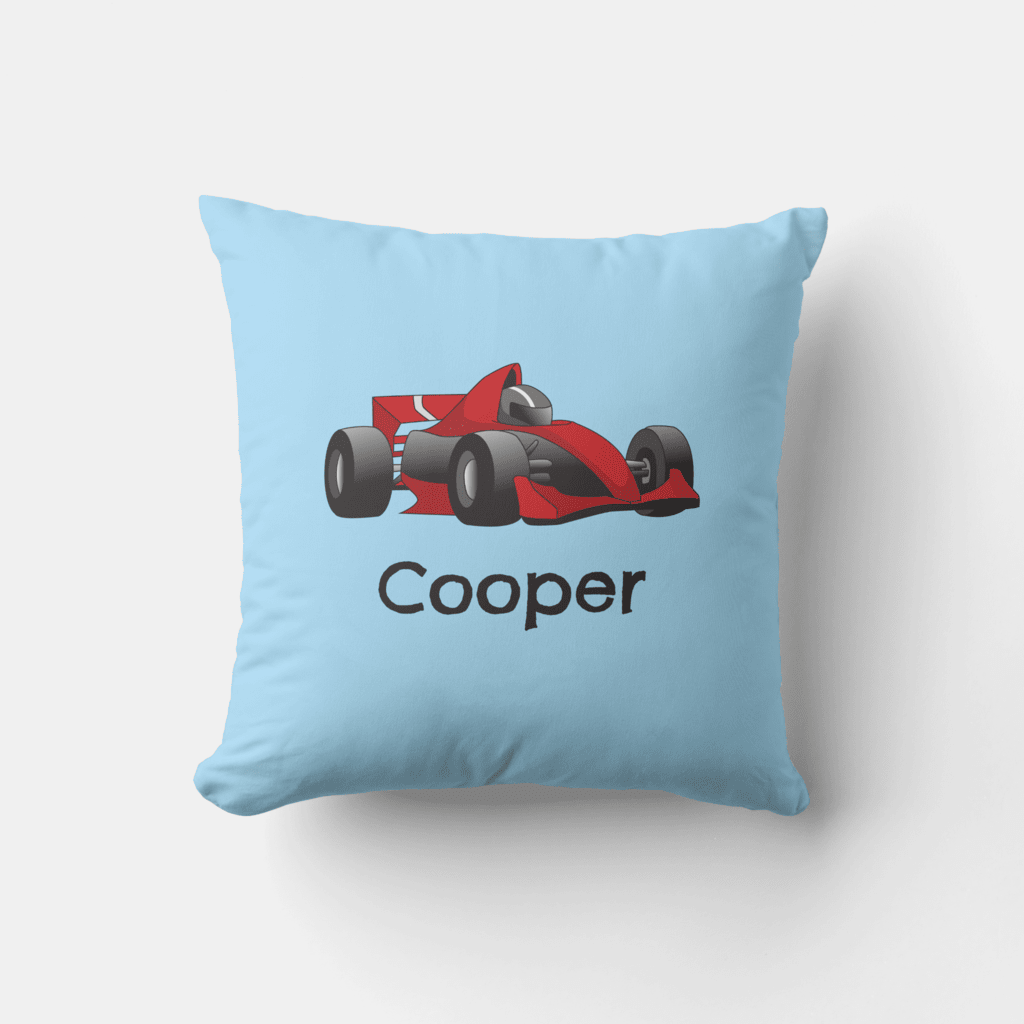 Race car boys pillow with child's name on it.