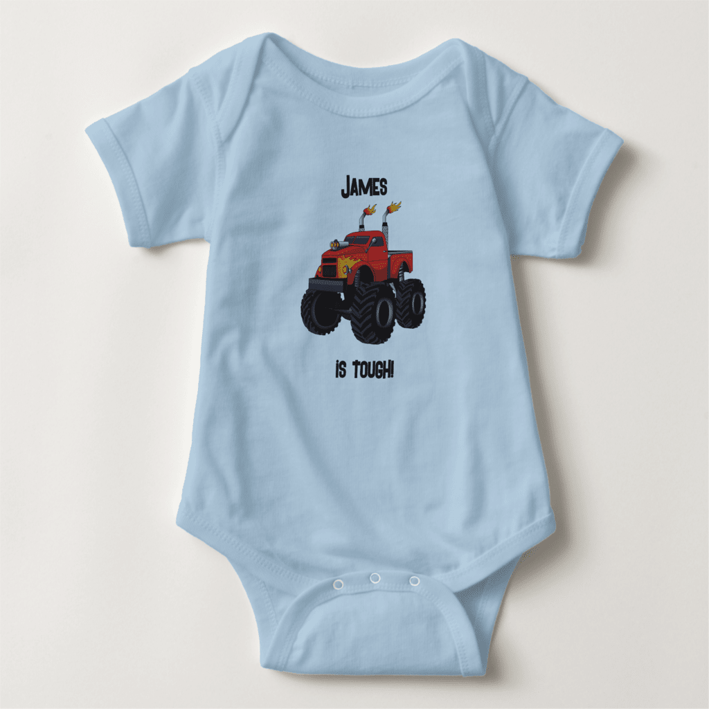 Tough baby monster truck baby outfit with personalized name.