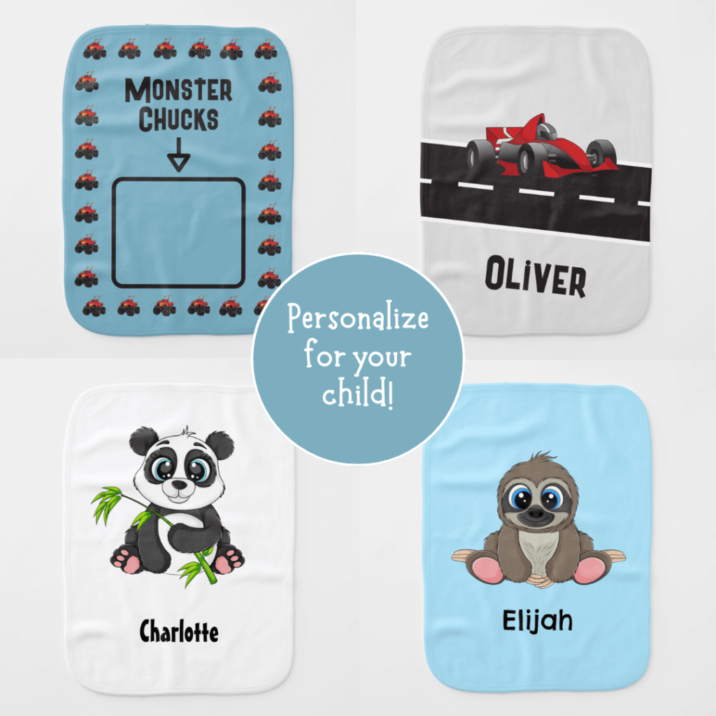 Unique burp cloths personalized for boys and girls