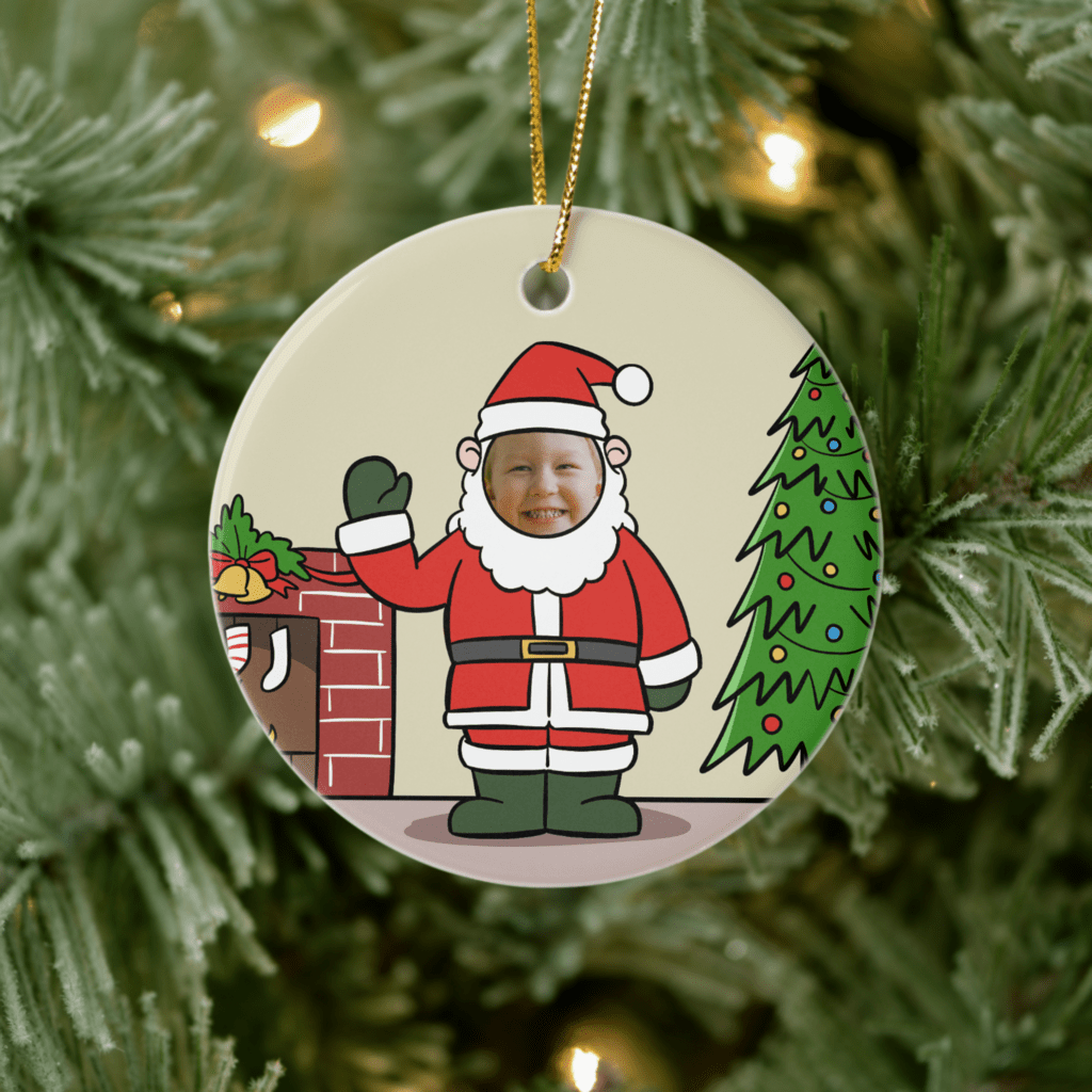 A family christmas ornament personalized with your child looking like Santa.