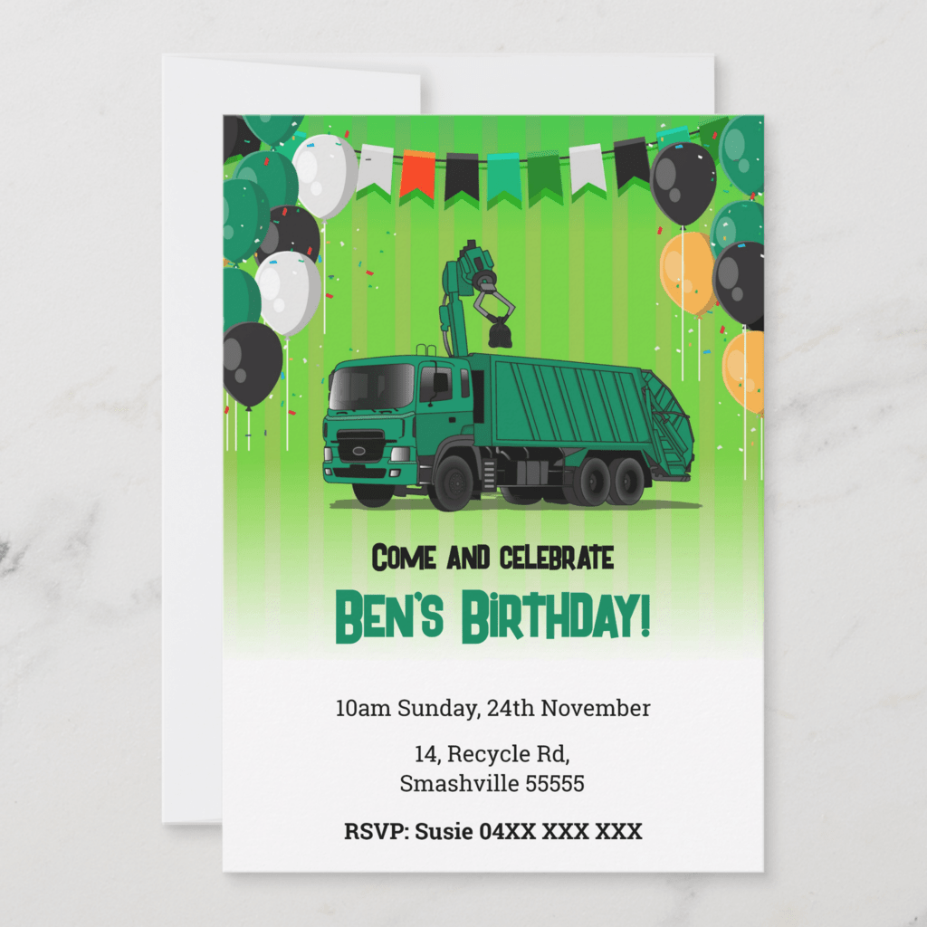 Garbage Truck Birthday Invitations suitable for a child's birthday party