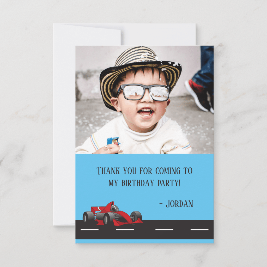 race car themed birthday party thank you card with a picture of boy and a race car.
